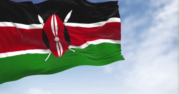 Εθνική Σημαία Της Κένυας Κυματίζει Καθαρή Μέρα Μαύρες Κόκκινες Και — Αρχείο Βίντεο