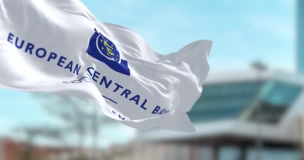 Frankfurt Aralık 2023 Avrupa Merkez Bankası Bayrağının Rüzgarda Dalgalanması Kusursuz — Stok video