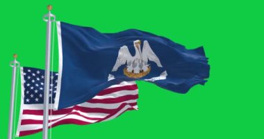 Louisiana ve ABD bayrakları yeşil ekranda dalgalanıyor. Kusursuz 3D canlandırma animasyonu. Krom anahtar. Yavaş çekim döngüsü. 4 bin. Seçici odak.