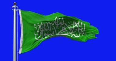 Mavi ekranda sallanan Hamas bayrağı. Filistin siyasi ve paramiliter örgütü. Yeşil arka planda beyaz Shadada. Kusursuz 3D canlandırma animasyonu. Krom anahtar. Yavaş çekim döngüsü. 4K