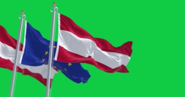 Avusturya ve Avrupa Birliği bayrakları yeşil ekranda birlikte dalgalanıyor. Demokrasi ve politika. Avrupa ülkesi. Kusursuz 3D canlandırma animasyonu. Krom anahtar. Yavaş çekim döngüsü. 4 bin. Seçici odak.