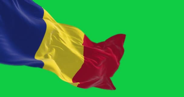 ルーマニアの国旗は緑色の画面で風を振っています 同じ幅の3つの垂直ストライプ シームレス3Dレンダリングアニメーション クロマキー スローモーションループ 4Kについて 選択的なフォーカス — ストック動画