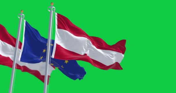 奥地利和欧盟的国旗在绿色屏幕上飘扬 民主和政治 欧洲国家 无缝3D渲染动画 慢动作回圈4K 有选择的重点 — 图库视频影像