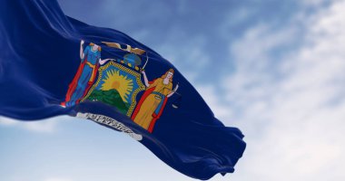 Close-up of New York State flag waving on a clear day. Blue background with state coat of arms. Fluttering textile. 3d illustration render. Selective focus