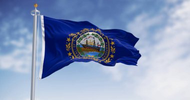 New Hampshire state flag waving in the wind on a clear day. Dark blue background with a state seal in the middle. 3d illustration render. Rippling fabric