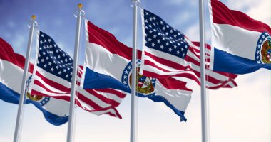 Missouri state flags waving with the national american flag on a clear day. 3d illustration render. Rippled fabric. Selective focus