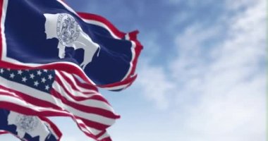 Wyoming eyalet bayrağı ve açık havada dalgalanan Amerikan bayrağı. Bagajında devlet mührü olan bir Amerikan bizonunun silueti. Kusursuz 3 boyutlu animasyon. Yavaş çekim döngüsü. Seçici odak
