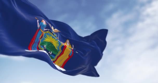 Close New York State Flag Waving Clear Day Blue Background — Stock Video