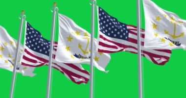 Rhode Island eyalet bayrağı yeşil ekranda Amerikan bayrağıyla dalgalanıyor. Kusursuz 3D canlandırma animasyonu. Krom anahtar. Yavaş çekim döngüsü. 4 bin. Seçici odak.