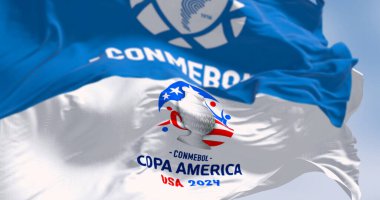 Miami, US, Dec. 3 2023: Copa America USA 2024 Flag waving with CONMEBOL flag. Illustrative editorial 3d illustration render. Selective focus clipart