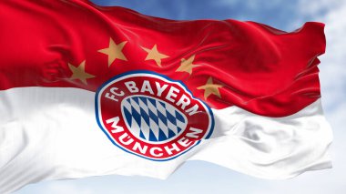 Münih, DE, 9 Ocak 2024: Açık bir günde Bayern Münih bayrağı dalgalanmaktadır. Münih merkezli Alman spor kulübü. İllüstrasyon 3d illüstrasyon canlandırması. El sallayan kumaş. Seçici odak