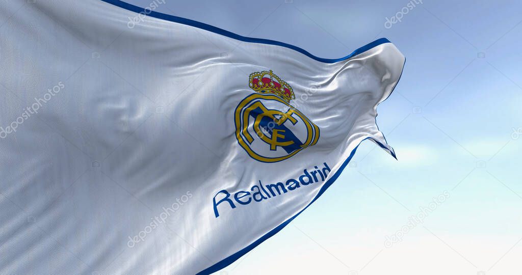 Madrid, SP, Jan. 9 2024: Real Madrid Club de Futbol flag waving in the wind. Spanish professional football club based in Madrid. Illustrative editorial 3d illustration render. Selective focus