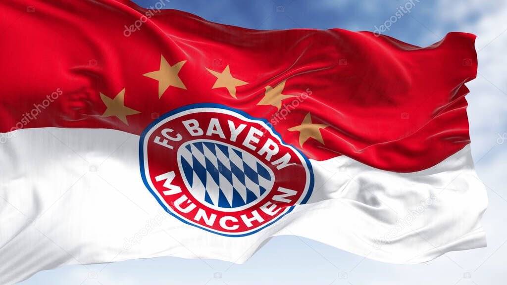 Munich, DE, Jan 9 2024: Bayern Munich flag waving in the wind on a clear day. German sports club based in Munich. Illustrative editorial 3d illustration render. Waving fabric. Selective focus