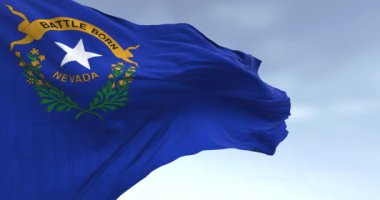 Nevada eyaletinin açık bir günde rüzgarda dalgalanan bayrağının yakın çekimi. Sol üst tarafında eyalet amblemi olan kobalt mavisi bir alan. Kusursuz 3 boyutlu animasyon. Yavaş çekim döngüsü