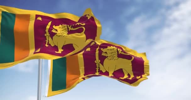 两个斯里兰卡国旗在晴朗的日子飘扬 位于印度洋的南亚岛国 无缝3D渲染动画 慢动作回路 — 图库视频影像