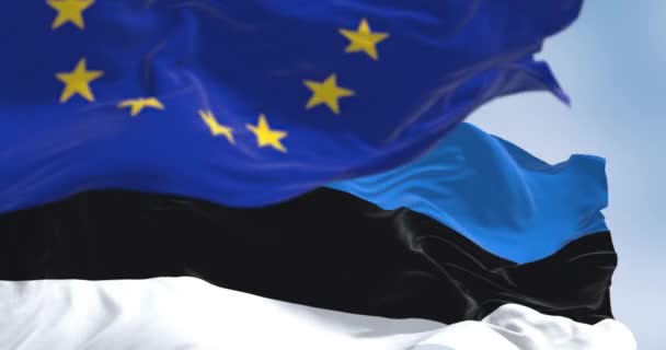 Primer Plano Estonia Unión Europea Ondea Banderas Día Claro Estonia — Vídeo de stock