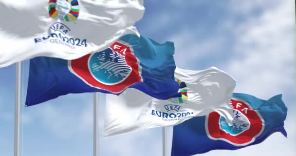 Βερολίνο Jan 2023 Σημαίες Ευρωπαϊκού Πρωταθλήματος Ποδοσφαίρου Uefa Και Euro — Αρχείο Βίντεο