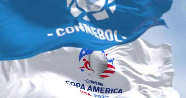 アメリカ マイアミ 12月3日2023 コパアメリカ2024と風を振るConmebolの旗のクローズアップ シームレス3Dレンダリングアニメーション スローモーションループ 選択的なフォーカス — ストック動画