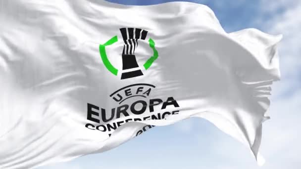 Афіни Грудня 2023 Крупним Планом Прапор Ліги Європи Уєфа Махав — стокове відео