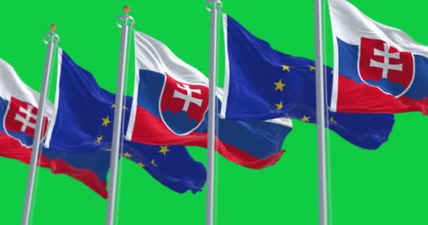 Σημαίες Σλοβακίας Και Ευρωπαϊκής Ένωσης Κυματίζουν Στην Πράσινη Οθόνη Σλοβακία — Αρχείο Βίντεο