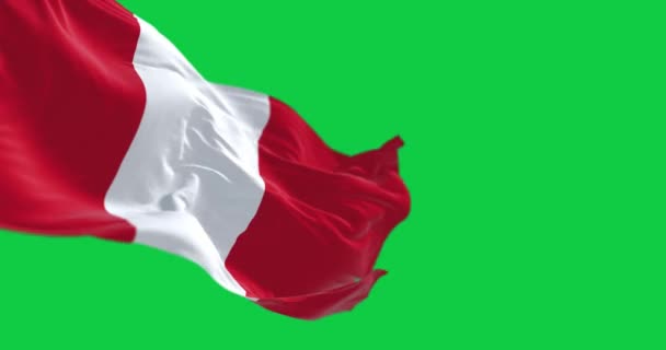 ペルーの国旗が緑色のスクリーンに映っている 2つの赤いアウターバンドと1つの白いミドルバンドで構成される垂直トライバンド シームレス3Dレンダリングアニメーション クロマキー スローモーションループ 4Kについて — ストック動画