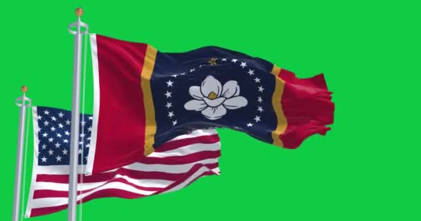 Bandera Del Estado Misisipi Ondeando Con Bandera Estadounidense Pantalla Verde — Vídeo de stock