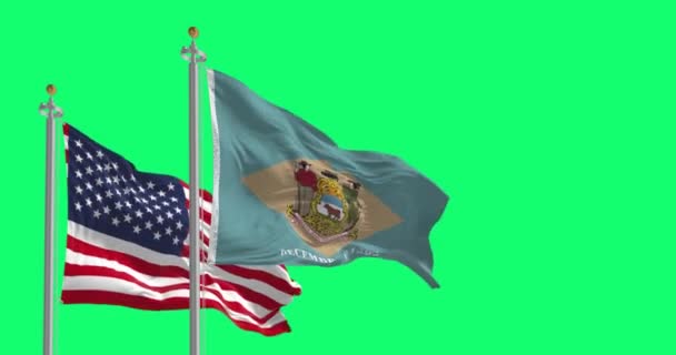 デラウェア州旗はアメリカ合衆国の国旗を緑色の画面に掲げている シームレス3Dレンダリングアニメーション クロマキー アルファチャンネル スローモーションループ 4Kについて — ストック動画