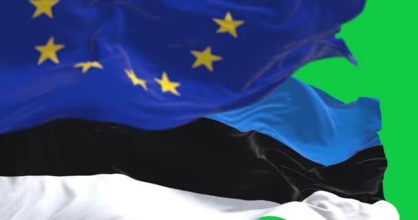 Primer Plano Estonia Las Banderas Unión Europea Ondeando Pantalla Verde — Vídeos de Stock