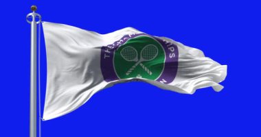 Londra, İngiltere, 3 Temmuz 2023: The Championships Wimbledon bayrağı mavi ekranda dalgalanıyor. Wimbledon Şampiyonası büyük bir tenis turnuvası. Kusursuz 3D canlandırma animasyonu. Krom anahtar. Yavaş çekim döngüsü. 4K