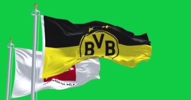 Dortmund, DE, 10 Kasım 2023: Borussia Dortmund bayrağı yeşil ekranda Bundesliga bayrağıyla dalgalanıyor. Profesyonel Alman futbol kulübü. Kusursuz 3D canlandırma animasyonu. Krom anahtar. Yavaş çekim döngüsü. 4K