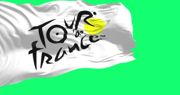 Párizs Dec 2023 Tour France Zászló Hullámzó Zöld Képernyőn Legfontosabb — Stock videók