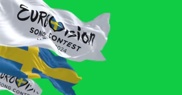 Мальм Швеция Октября 2023 Года Евровидение 2024 Шведские Флаги Зеленом — стоковое видео
