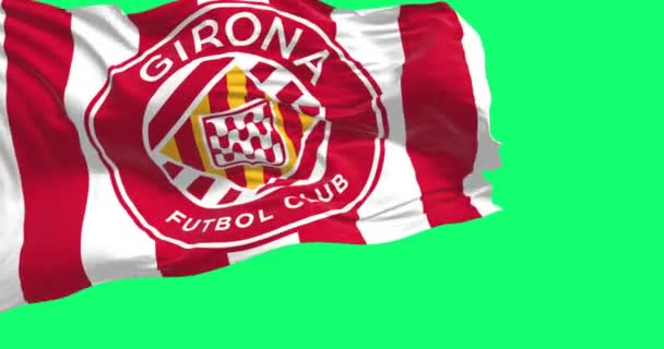 Barcelona Dic 2023 Bandera Del Club Fútbol Girona Ondeando Pantalla — Vídeo de stock