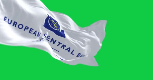 フランクフルト Dec 2023 緑色のスクリーンで風を振るヨーロッパ中央銀行の旗の閉鎖 シームレス3Dレンダリングアニメーション クロマキー スローモーションループ 4Kについて 選択的なフォーカス — ストック動画