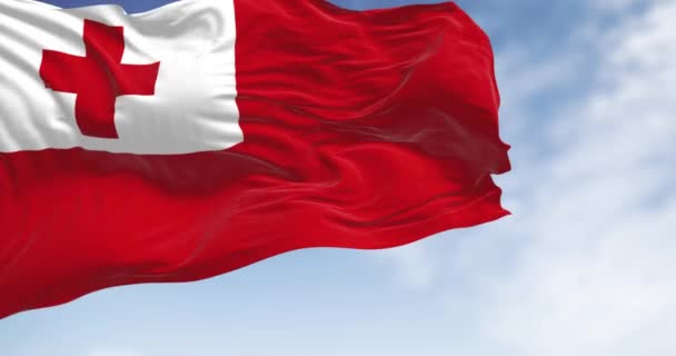 Bandeira Nacional Tonga Acenando Vento Dia Claro Campo Vermelho Com — Vídeo de Stock
