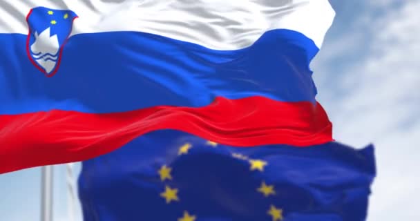 Slovenya Avrupa Birliği Bayrakları Açık Bir Günde Dalgalanıyor Slovenya Ocak — Stok video