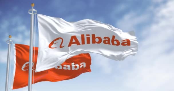 Hangzhou Janeiro 2024 Bandeira Com Logotipo Grupo Alibaba Acenando Dia — Vídeo de Stock
