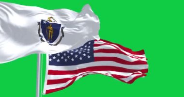 Massachusetts ve Amerika Birleşik Devletleri bayrakları yeşil arka planda izole edilmiş. Vatanseverlik ve kimlik kavramı. Kusursuz 3D canlandırma animasyonu. Krom anahtar. Yavaş çekim döngüsü. Yeşil ekran. 4K