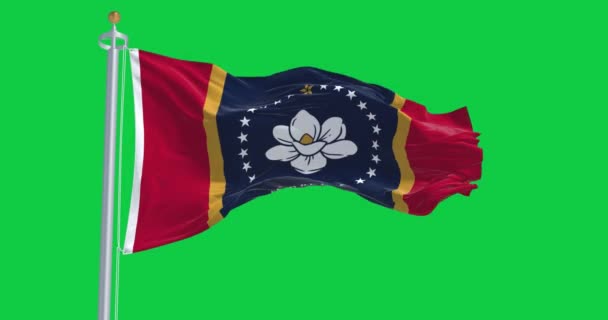 密西西比州的国旗在绿色背景下飘扬 无缝3D渲染动画 慢动作回圈绿色屏幕 — 图库视频影像