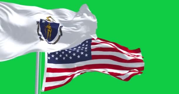 Прапори Массачусетсу Сполучених Штатів Махають Ізольовано Зеленому Тлі Патріотизм Концепція — стокове відео
