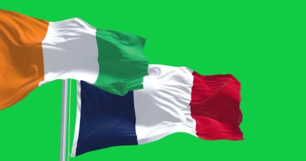 Die Nationalflaggen Der Elfenbeinküste Und Frankreichs Wehen Vereinzelt Auf Grünem — Stockvideo