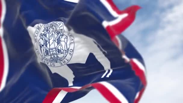 Detailní Záběr Wyomingské Státní Vlajky Vlnící Větru Bílá Bizoní Silueta — Stock video