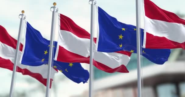 Rakousko Vlajky Evropské Unie Mávají Jasného Dne Společně Demokracie Politika — Stock video