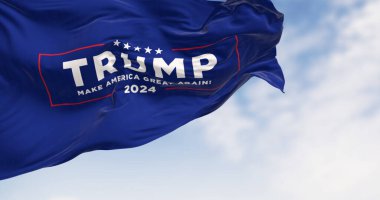 Arlington, US, OCT. 21 2023: Donald Trump election campaign flag waving on a clear day. 2024 US presidential election. Illustrative editorial 3d illustration render clipart