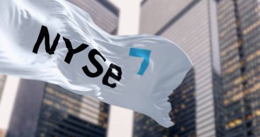 New York City, ABD, 4 Aralık 2023: NYSE bayrağının dalgalanması. Amerikan finans endüstrisi. İllüstrasyon 3d illüstrasyon canlandırması. Kumaş desenli dalga arkaplanı