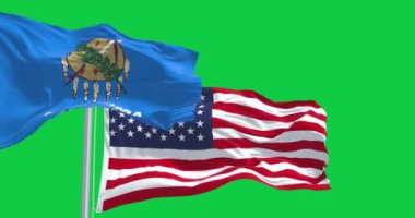 Yeşil arka planda izole edilmiş Amerikan bayrağıyla birlikte Oklahoma eyaleti bayrağı dalgalanıyor. Kusursuz 3D canlandırma animasyonu. Yeşil ekran. Krom anahtar. Alfa kanalı. Yavaş çekim döngüsü. 4K