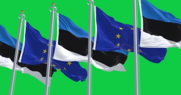 Vlaggen Van Estland Europese Unie Die Een Groene Achtergrond Zwaaien — Stockvideo