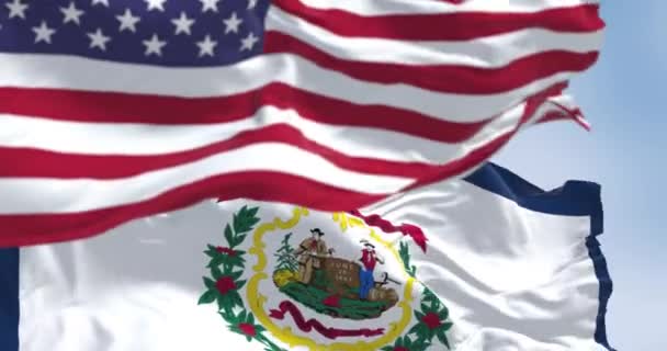 Close West Virginia State Flag Waving Wind American Flag Clear — Stock Video
