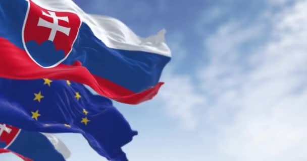 Close Van Slowakije Vlaggen Van Europese Unie Die Een Heldere — Stockvideo