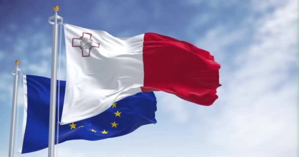 Bandiere Malta Dell Unione Europea Sventolano Nel Vento Una Giornata — Video Stock